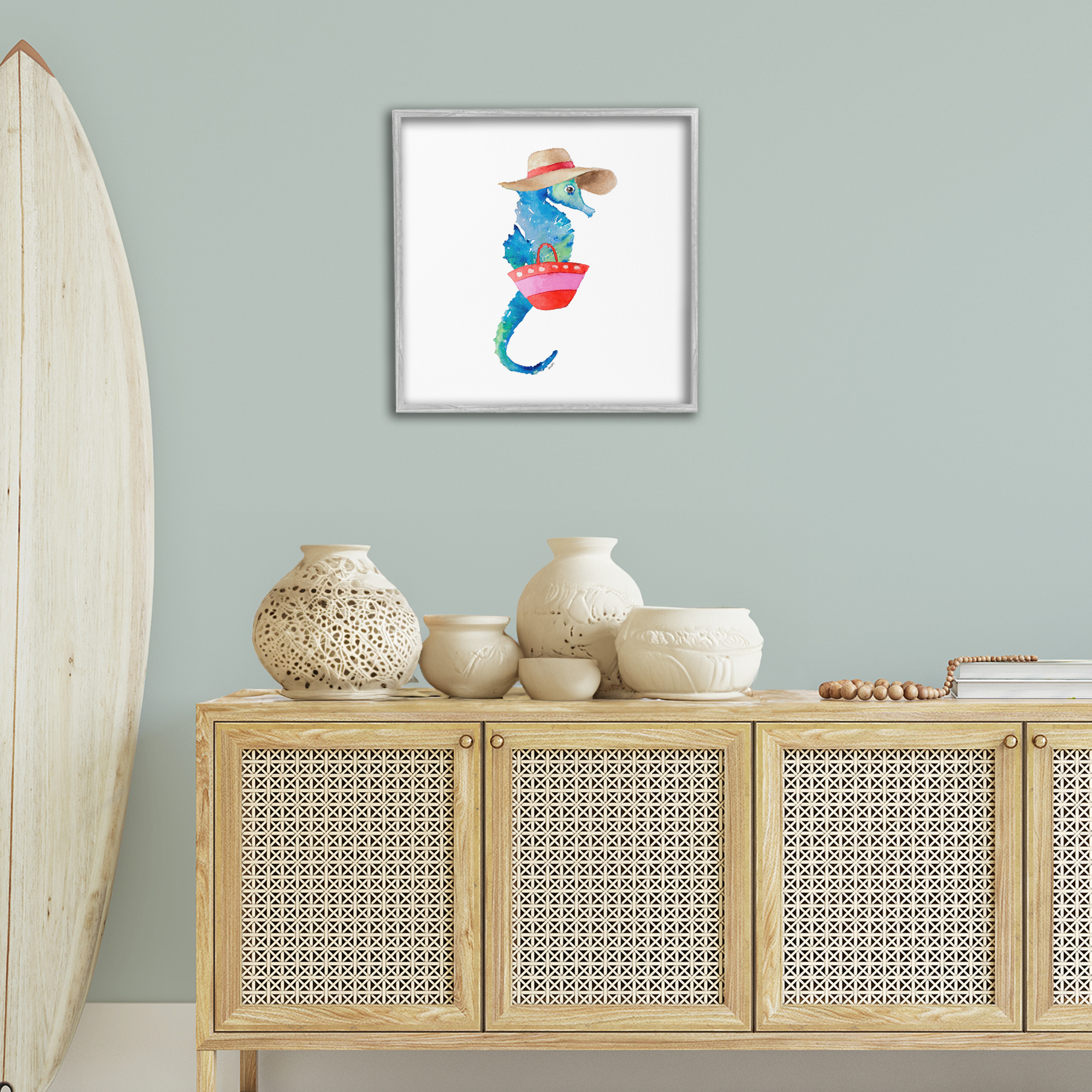 Stupell Industries Seahorse in Beach Hat Novelty Painting Gray Framed Art Print Wall Art, 24 x 24