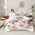 thumbnail image 4 of Manfei Floral Teacups Teapot 3 Pieces Queen Comforter Set for Teens Adults,Rose Fruit Strawberry Cupcake Ultra Soft Bedding Sets,Vintage Tea Party Bedding Comforter Set Breathable, 4 of 8