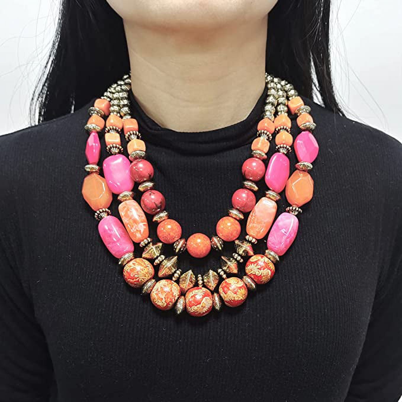 Bocar 3 Layer Chunky Statement Beaded Necklace and Earrings Set, Fashion Multi Layer Women Collar Necklace Jewelry Set (NK-10625-Pink Red Set)