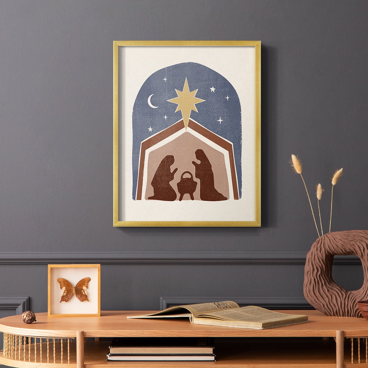 Boho Nativity I Framed Print in Gold Solid Wood Framed Print No Nail Hanging