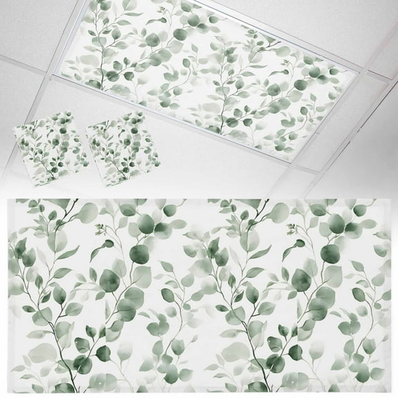 2 Pack Green Eucalyptus Leaf Fluorescent Light Covers for Ceiling Lights Watercolor Farm Plant Magnetic Ceiling Light Covers Overhead Light Filters for Office Classroom Home