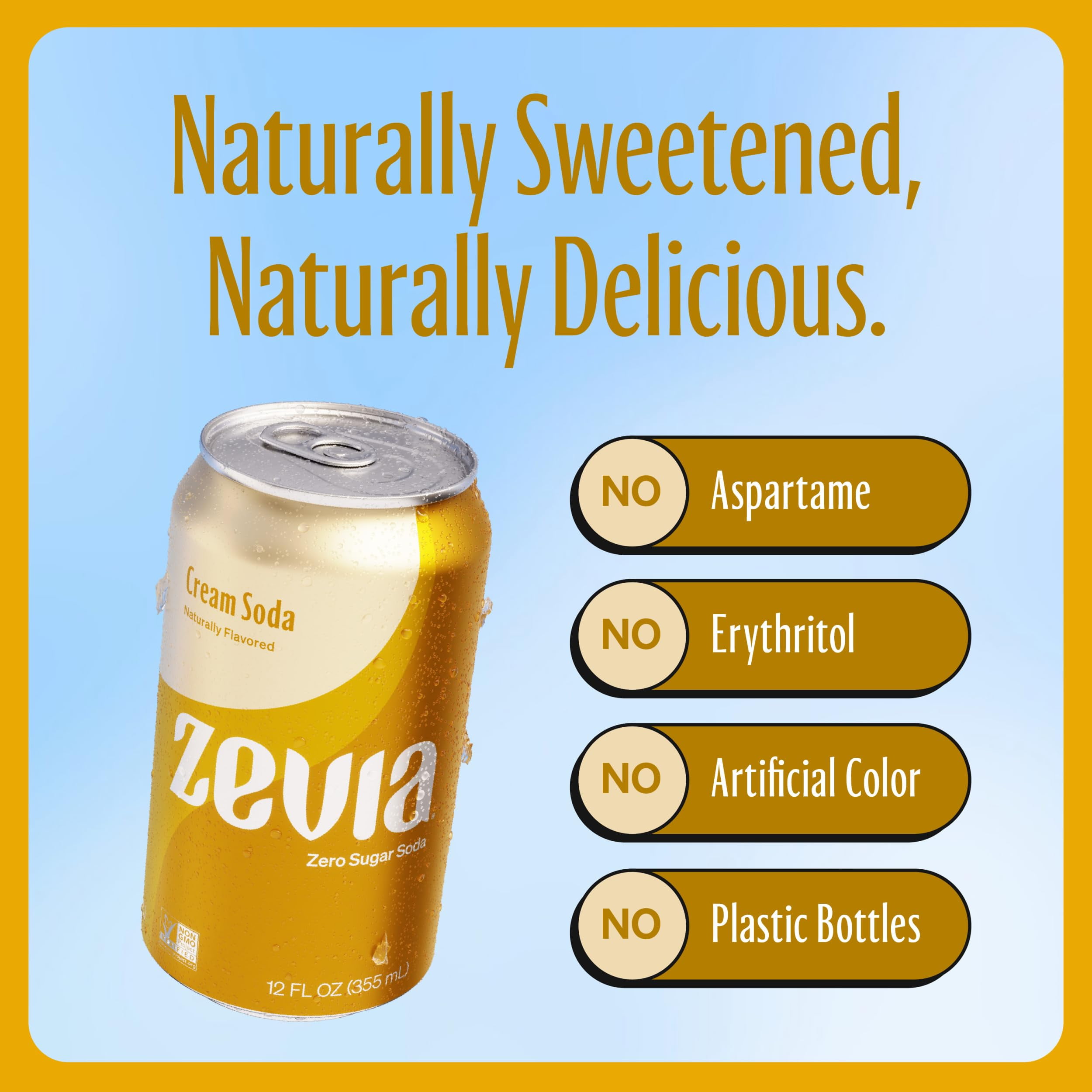 Pack of 2 - Zevia Zero Sugar Soda, Cream Soda, 12 Oz Cans (8-Pack) – Naturally Sweetened, Zero Calorie Sugar Free Soda - Non-Gmo Project Verified, Gluten-Free, Vegan