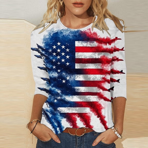 Lorytime Fourth of July Shirts for Women Red White and Blue Outfits Patriotic Graphic Clothes 3/4 Sleeve Holidays Wear