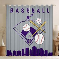 Homewish Baseball Print Black Out Curtains for Teen, Vintage Ball Sports Player Curtains Pack of 2 (42x63 Each), Grey Purple Cartoon Bedroom Curtains, Window Curtains Decor