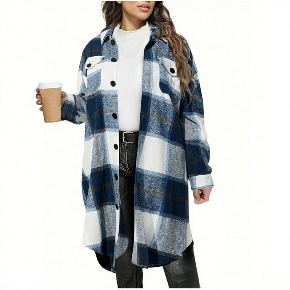 aohooy Long Sleeve 2025 Flannel Shirt for Women - Plaid Long Shacket Casual Lapel Button Down Woolen Tartan Jacket Fall Coat Blue,XL