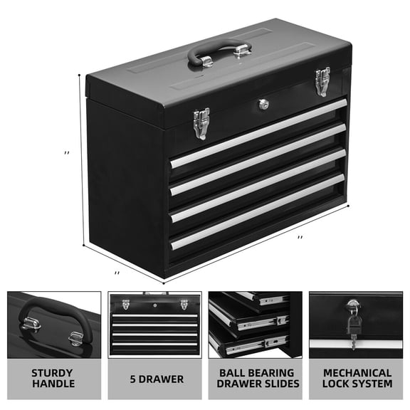 20.30in Black Metal Tool Box with 4 Drawers Portable Steel Tool Chest w/Lock