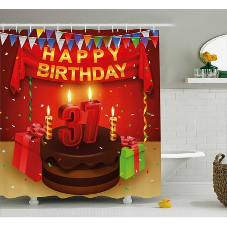 - 37th Birthday Decorations Shower Curtain, Chocolate Cake Gifts Balloons Flag Cute Icons Candles Artsy Image, Fabric Bathroom Set with Hooks, 69W X 70L Inches, Multicolor, by Ambesonne