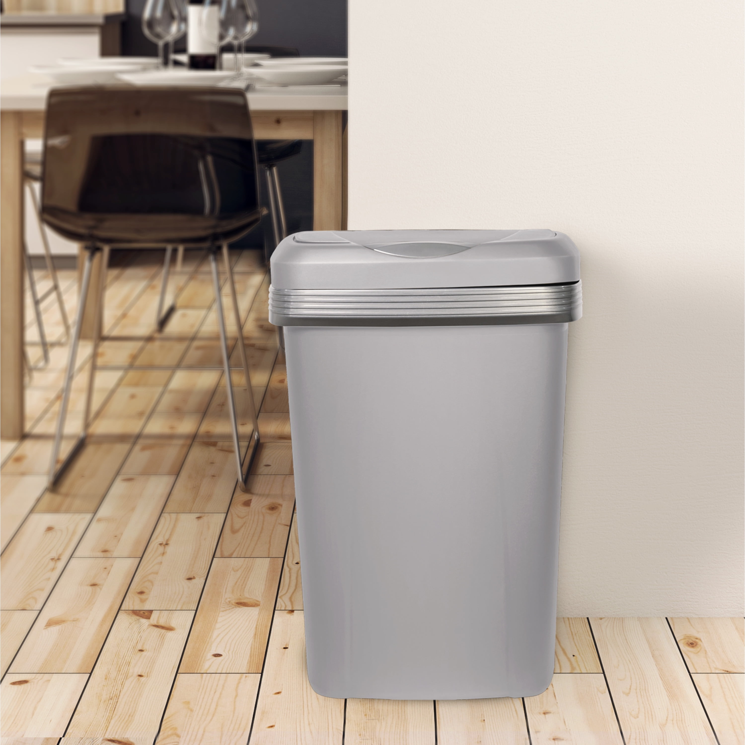 Hefty Kitchen Trash Can, 12.1 Gallon Plastic Touch Top Garbage Bin with Push Button Lid, Gray