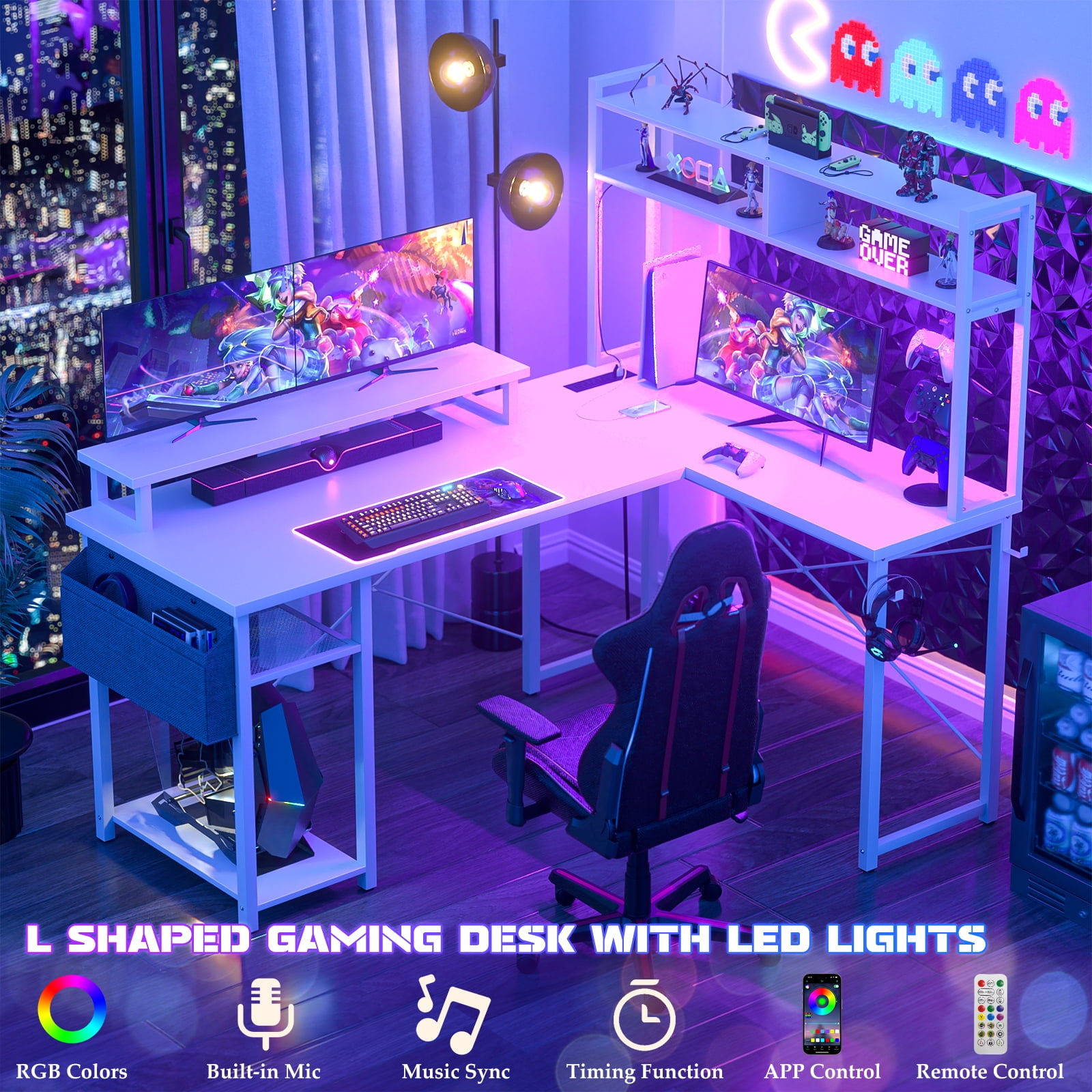 Homieasy L Shaped Computer Desk with Power Outlets & LED Lights, Ergonomic Gaming Desk with Monitor Stand & Storage Shelf, Reversible Corner Desks Home Office Desk with Storage Bag, White