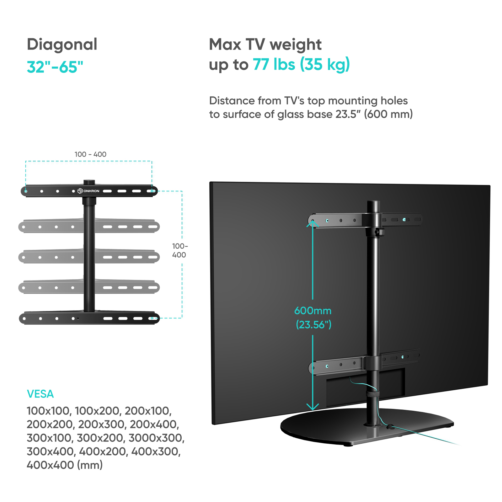ONKRON Tabletop TV Stand Universal for 32"-65" TV up to 77 lbs Adjustable Swiveling max VESA 400x400