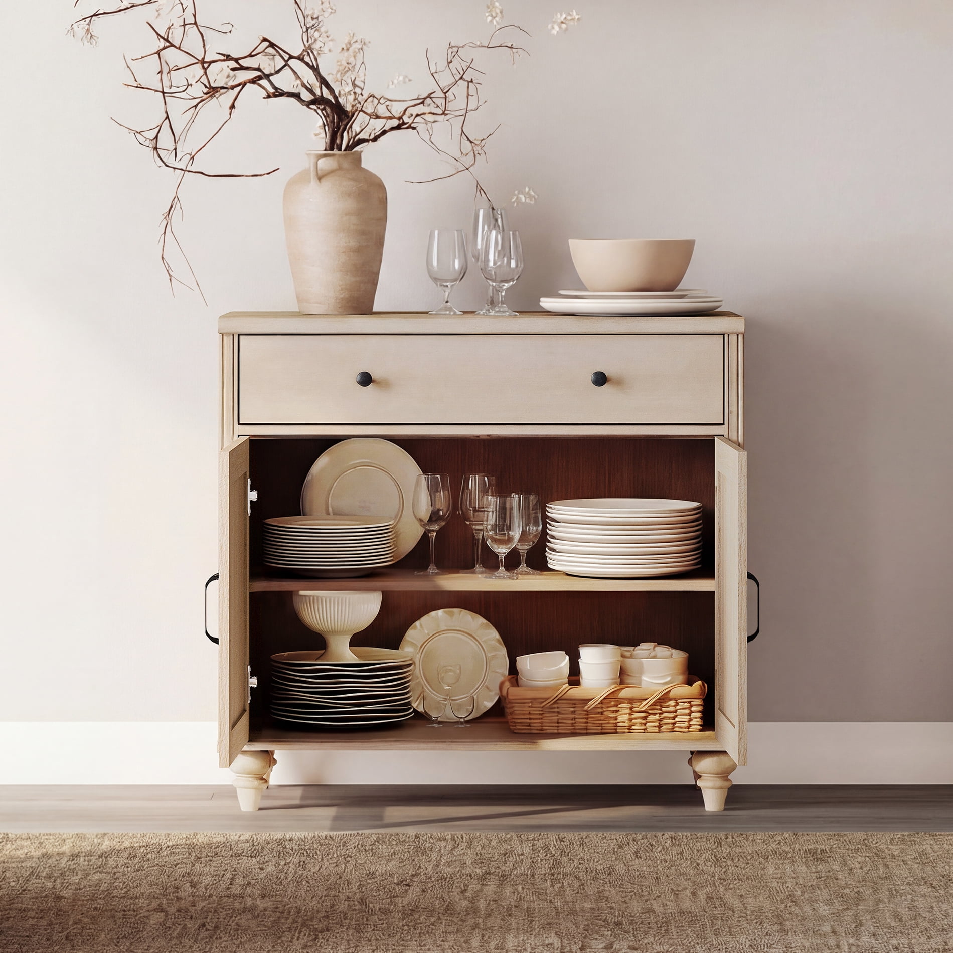 Beige Farmhouse TV Stand for 85 inch TV with Drawers & Doors