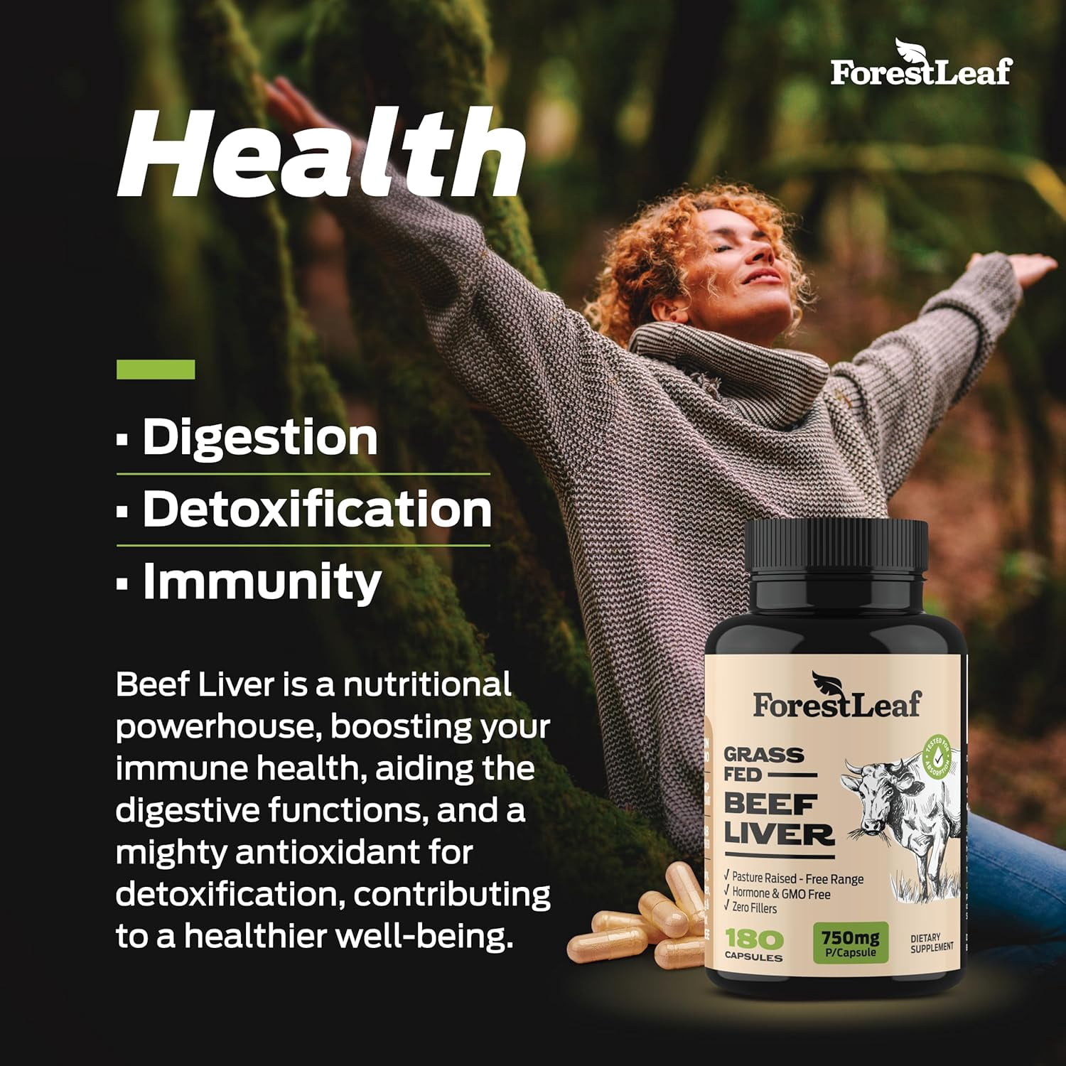 Forest Leaf Grass Fed Beef Liver Capsules Energy & Iron Supplement, 180 Count
