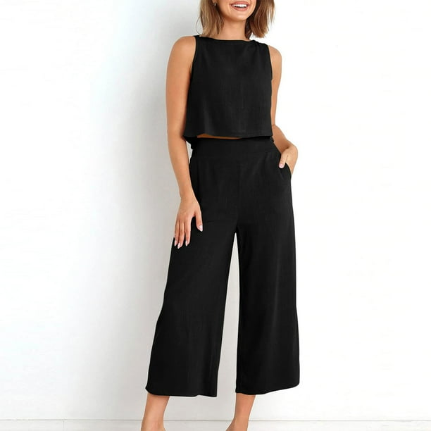 Debardeur Pantalon Large Debardeur sans manches pour femmes pantalons longs tenues d ete decontractees en coton noir L Cgtredaw para Mujer Negro T S Bodega Aurrera en linea