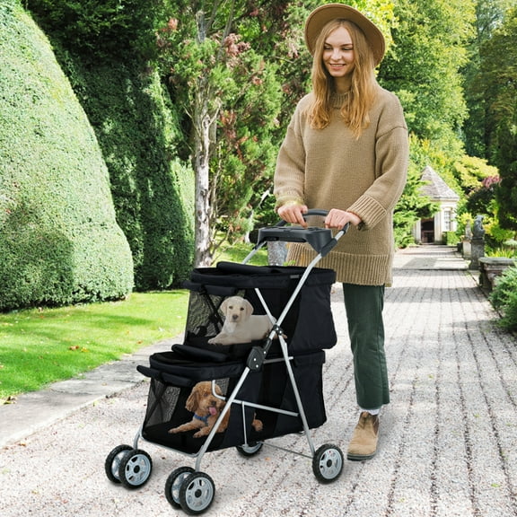 Dkelincs Double Tier Cat Dog Stroller for 2 Medium Dogs 4 Wheels Folding Breathable Travel Pet Stroller with Removable Pad & Cup Holder, Black