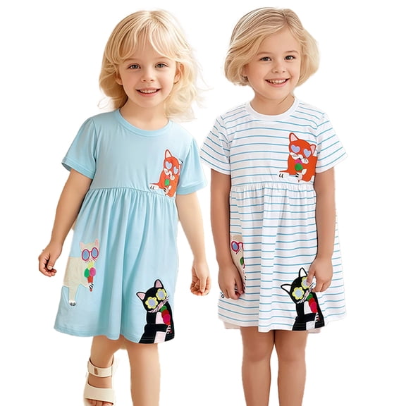 LYMAYTER 2-7Y Toddler Girls Summer Casual Dress Kids Cute Cartoon Animal Pattern Short Sleeve Dress