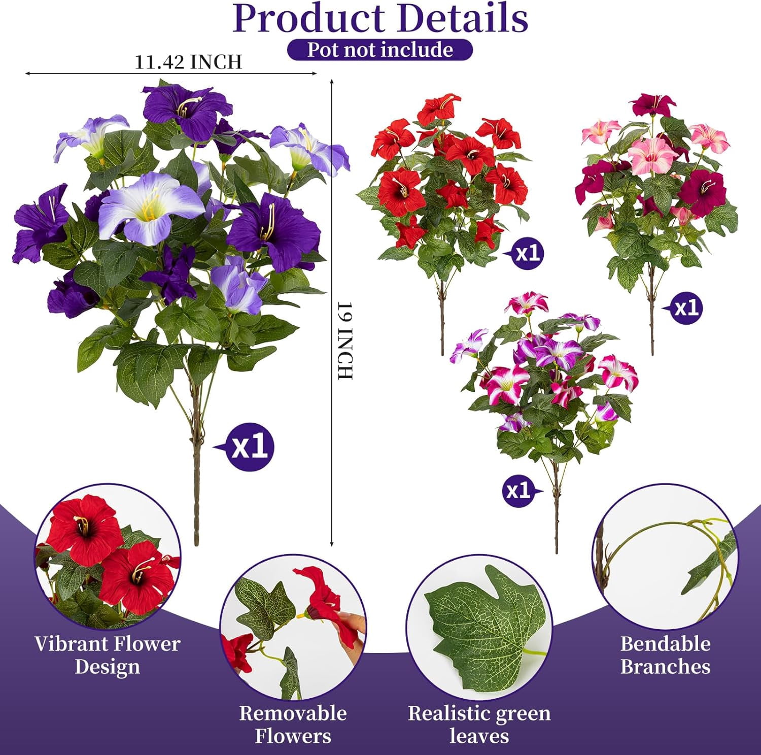 19 Inch Artificial Fake Flowers for Outdoor,4 Pcs Faux Silk Petunias Spring Flowers for Outside for Indoor Porch Planter Front Door Garden Patio Window Box Home Decor(Multiple Color)