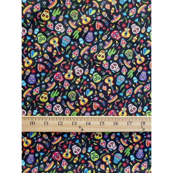 100% Cotton Fabric "Dia De Los Muertos COLORFUL Calaveras Print /45" Wide/ SBY