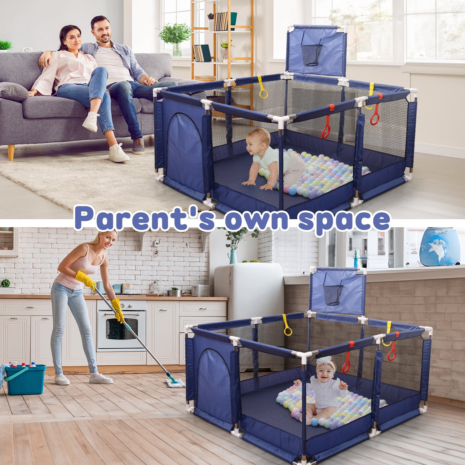 JoyStone 50 x 50 Baby Playpen with 30 Ocean Balls, Soft Mesh Sides, Basketball Hoop & Pull Rings, Indoor Baby Fence for Toddlers, Blue