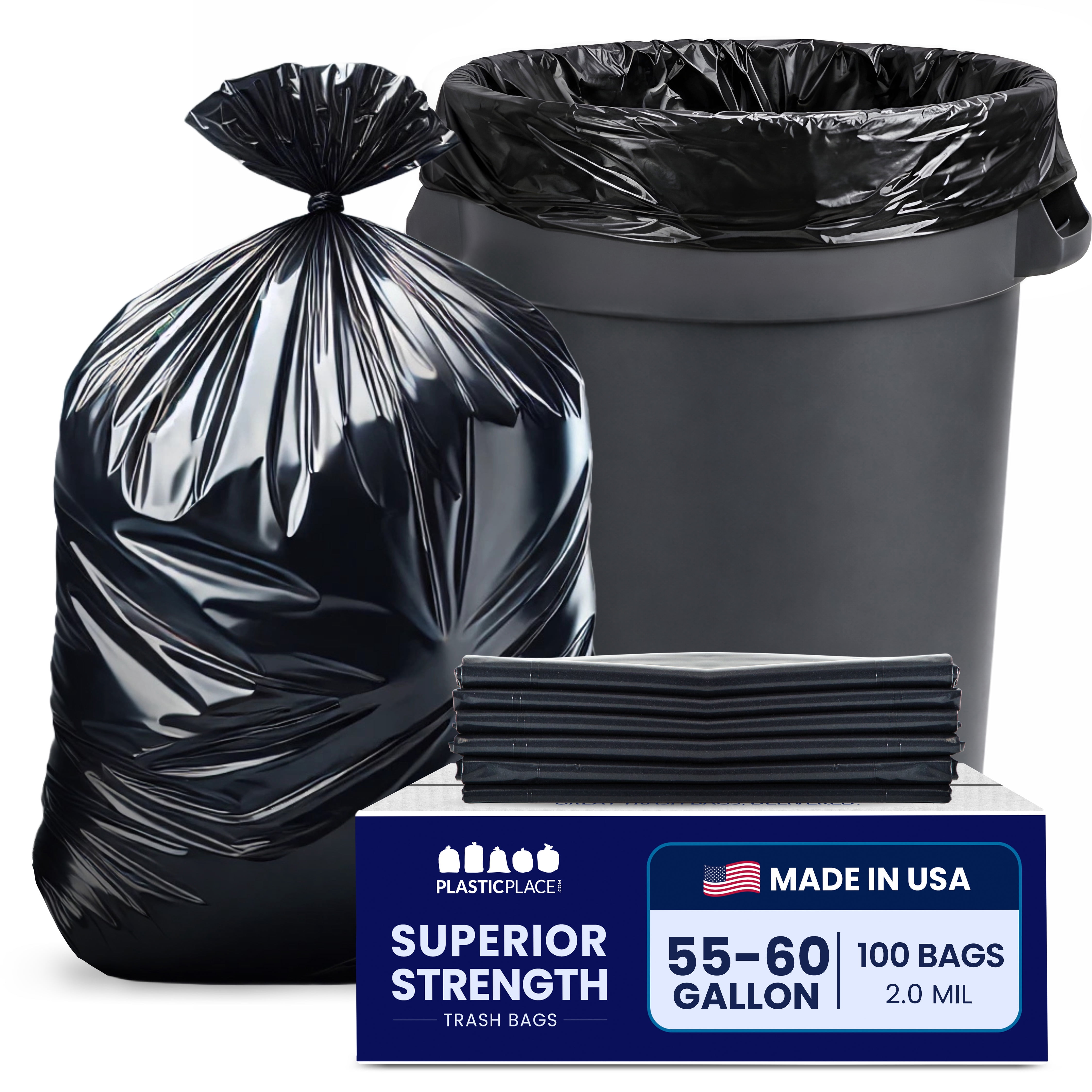 Plasticplace 55-60 Gallon Trash Bags, Heavy-Duty Black Garbage Can Liners , Extra-Thick, Puncture & Tear Resistant , 38” x 58” (100 Count) for Industrial, Commercial & Outdoor Yard Waste Use 2.0 Mil