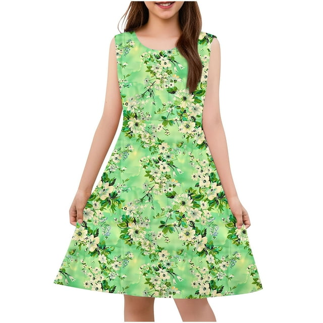 Robe Trapèze Sans Manches pour Filles, Mélange Extensible Polyester Spandex à Imprimé Floral, Robe d'Été Décontractée Verte pour Fête pour 4-14 Ans