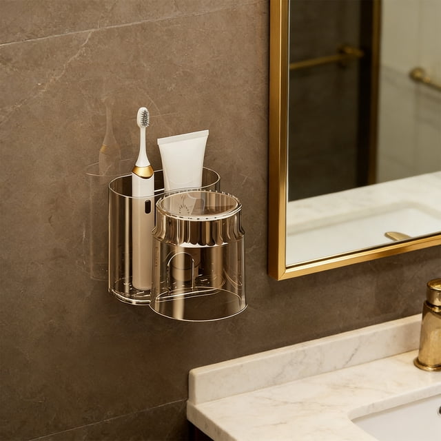 Linnome Toothbrush Rack and Mouthwash Cup No Drill Shelf Toothbrush and Cup Rack Bathroom Toothbrush Rack Wall Mounted 4.5x3.9x3.7 Inch Coffee
