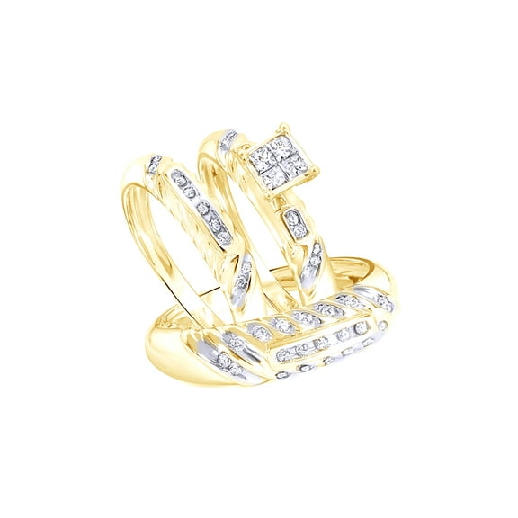 AFFY White Natural Diamond Wedding Trio Bridal Ring Set In 10k Yellow Gold (0.5 Cttw)