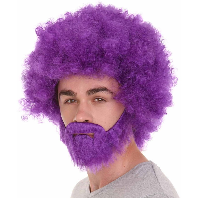 HPO Adult Unisex 80 s Painter Purple Halloween Wig and Purple and Patches of Black Beard Set Easy and Classic Celebrity Costume