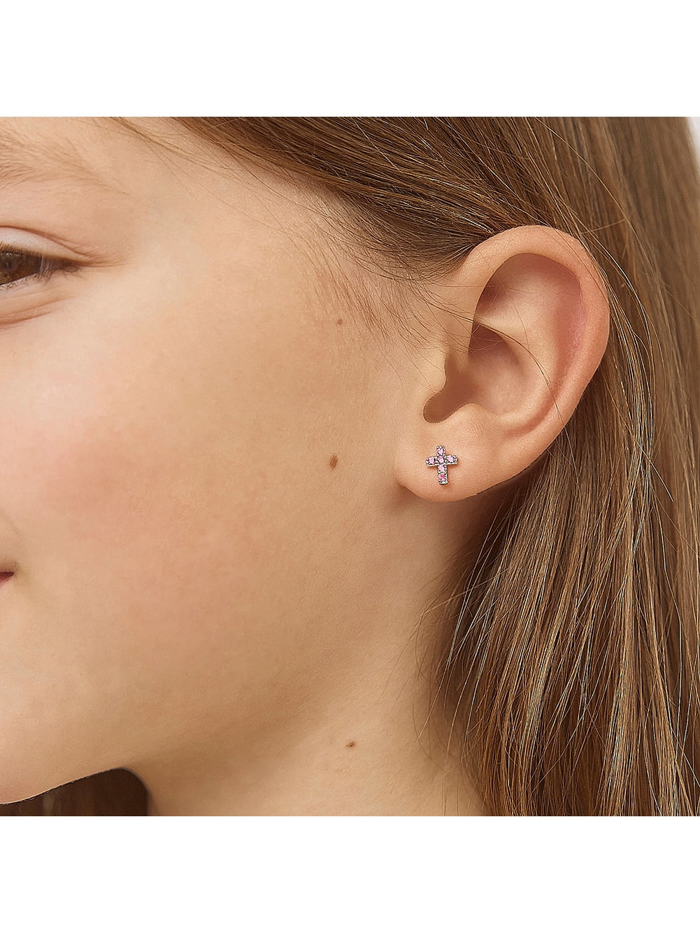 925 Sterling Silver Cubic Zirconia Cross Toddler Earrings with Safety Screw Back