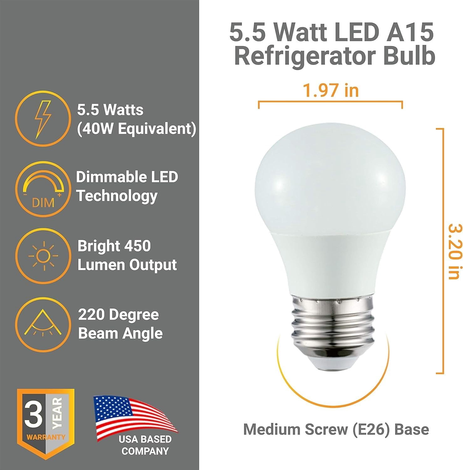 Diodesy- Pack of 4 A15/LED/6W/D/E/FR/27K LED Dimmable Bulb for Refrigerator/Freezers/Ceiling Fan, 2700K Warm White, 6W (40W Equiv.), 480 Lumens, Medium Base E26, Frosted Finish, UL Listed, Energy Star