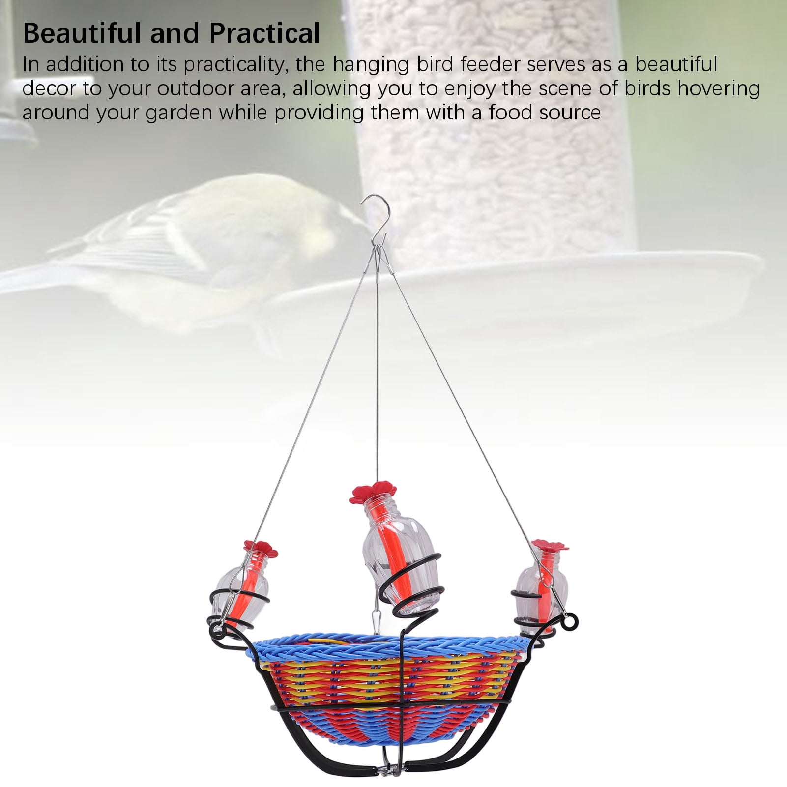 BIMZUC Outdoor Hanging Bird Feeder Rattan Basket Water Feeding Station for Hummingbirds, Garden Balcony Tree Branch Decor, 16.9 x 11.8 inches / 43 x 30 cm, Multi-color