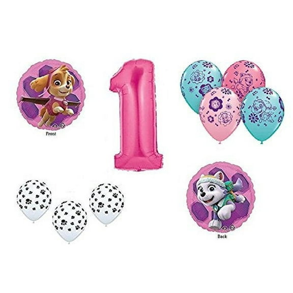 Paw  GIRL'S Dog 1st #1 First Pink 10 Piece Birthday Party Mylar and Paw Latex Balloons Set