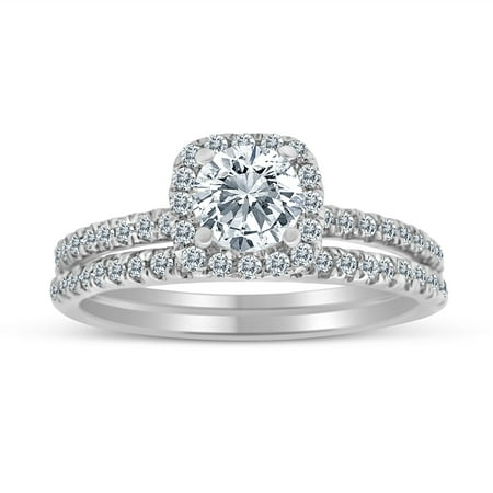 - 1.00ctw Diamond Halo Bridal Set Engagement Ring in 10k White Gold