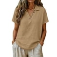 thumbnail image 6 of VBVC Women's Crinkle Short Sleeve Collared Top, Ladies' V-Neck Button Accent Blouse, Casual Breathable Summer Shirt For Women,Coffee,S-2XL, 6 of 7