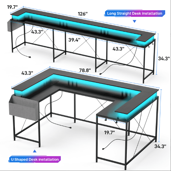 Huisuilinss U Shaped Desk Large Corner Office Desk With Monitor Stands PC Gaming Desk With Power Outlet & LED Lights Reversible L Shaped Computer Desk For Home Office