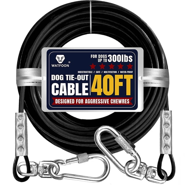 Câble de Retenue pour Chiens jusqu'à 300 Lb, 40 Pi Extra Robuste 1000 Lb Résistance à la Rupture Câble de Retenue pour Chariot Entraînement Laisse, Câble de Course pour Chien pour Cour Jardin Parc Camping Extérieur (Noir, 300 Lb 40 Pi)