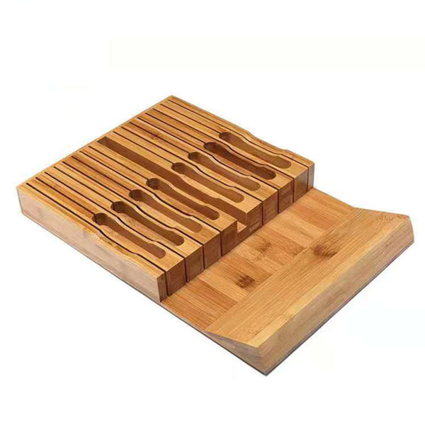 Eltow Bamboo Knife Drawer Organizer, In-Drawer Universal Knife Block with  Safety Slots for 16 Knives (Not Included) and Slot for Knife Sharpener