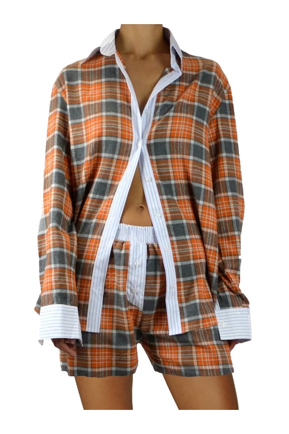 Women Casual 2 Piece Outfits Plaid Print Button Up Shirt + Shorts Set