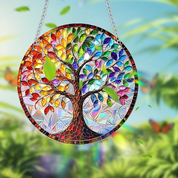 Tree of Life Suncatcher Window Hanging Decor, Round Acrylic Stained Glass Style Sun Catcher with Colorful Film, Hanging Ornament for Window, Home, Garden & Gift Decor