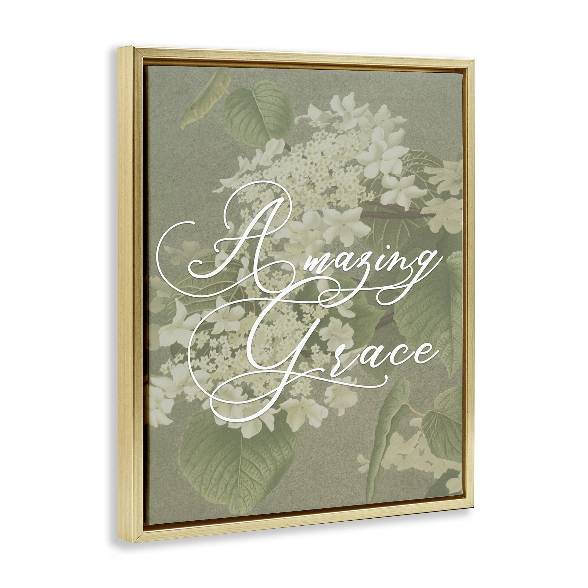 Amazing Grace Phrase Vintage White Flower Blossoms Gold Floating Frame Canvas Art, 17 x 21, By Lil' Rue