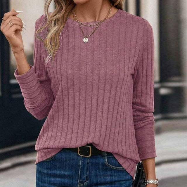 BLCHUNen Chemises à Manches Longues pour Femmes, Tricot Côtelé, Col Rond, Chandail Léger, Extensible, Décontracté, Automne