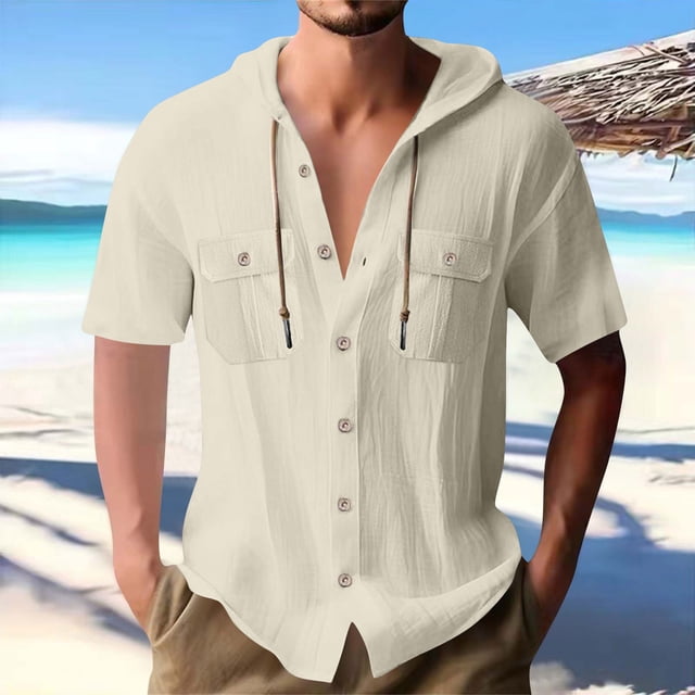 pstuiky camisetas para hombre, Blusa informal de manga corta con capucha, botones y bolsillo con cordón de color sólido para hombre. camisas casuales para hombre xxxl