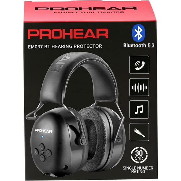 PROHEAR 037 Bluetooth 6.0 Hearing Protection Headphones with Rechargeable 1500mAh Battery, 30dB SNR Safety Noise Reduction Ear Muffs 120H Playtime for Mowing, Workshops, Snowblowing - Black
