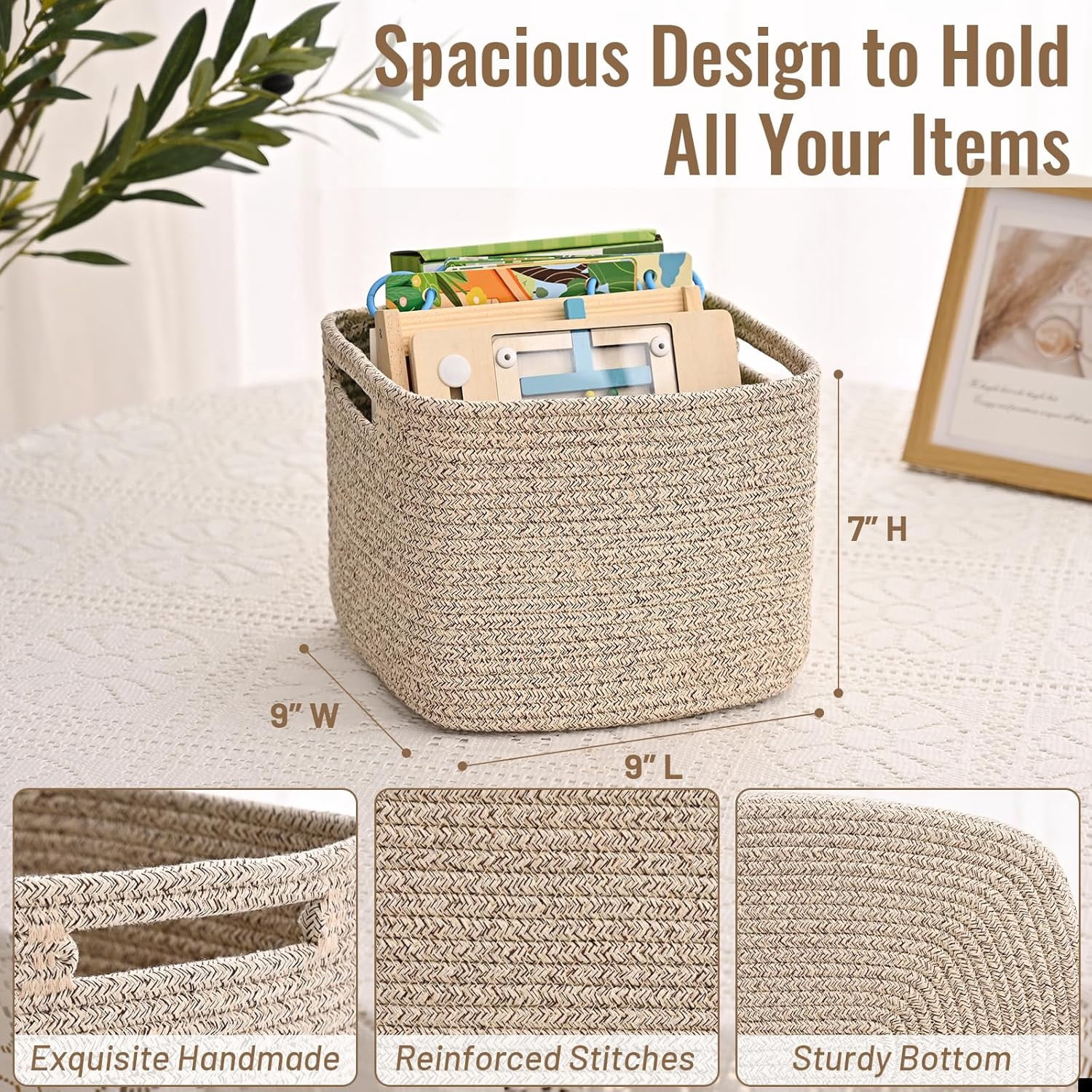 Natubeau 3 Pack Woven Storage Basket, 9"x9"x7" Cotton Rope Woven Baskets for Organizing, Cube Storage Bins for Shelves, Jute Color