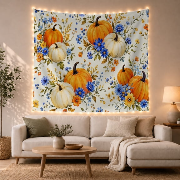 Watercolor Pumpkins and Blue Blossoms on Ivory Background, Cheerful Rustic for Autumn Lovers, Seasonal Pumpkin Art Thanksgiving Gift Tapestry Wall Hanging for Living Room and Bedroom