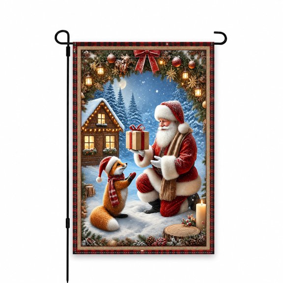 Garden Flag Christmas Santa and Fox Winter Scene 12 x 18 Inch Outdoor Decor for Yard, Lawn, Patio, or Porch Display - Festive Holiday Design