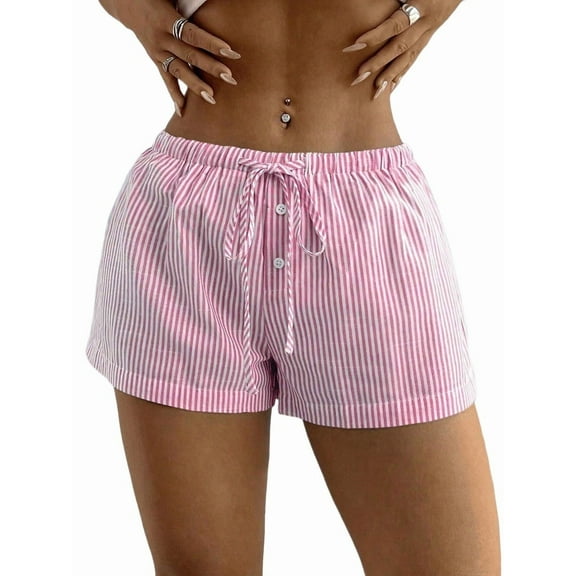 Women'S Striped Print Drawstring Waist Shorts Wide Leg Summer Beach Mini Shorts Pink M