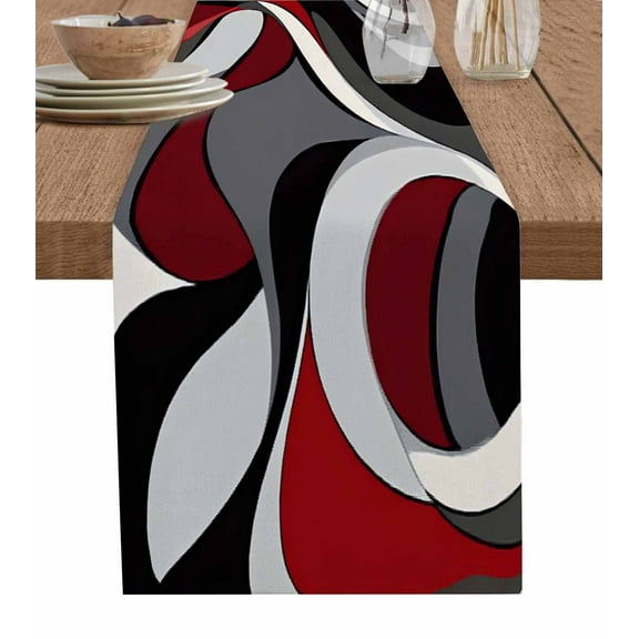 Ldtrchee Red Black Grey Table Runner 48 Inches, Abstract Modern Geometric Twist Art Bed Runner Dresser Scarves Tabletop for Indoor Outdoor Parties/Ceremony/Banquet, 13" x 48"