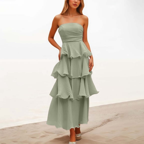 Women's Strapless Ruffle Tiered Maxi Dress Summer Elegant Bodycon Backless Flowy Gown Formal Evening Dress Casual Summer Dress Women Dressy Fall Dresses for Women Dresses for Women for Work Split
