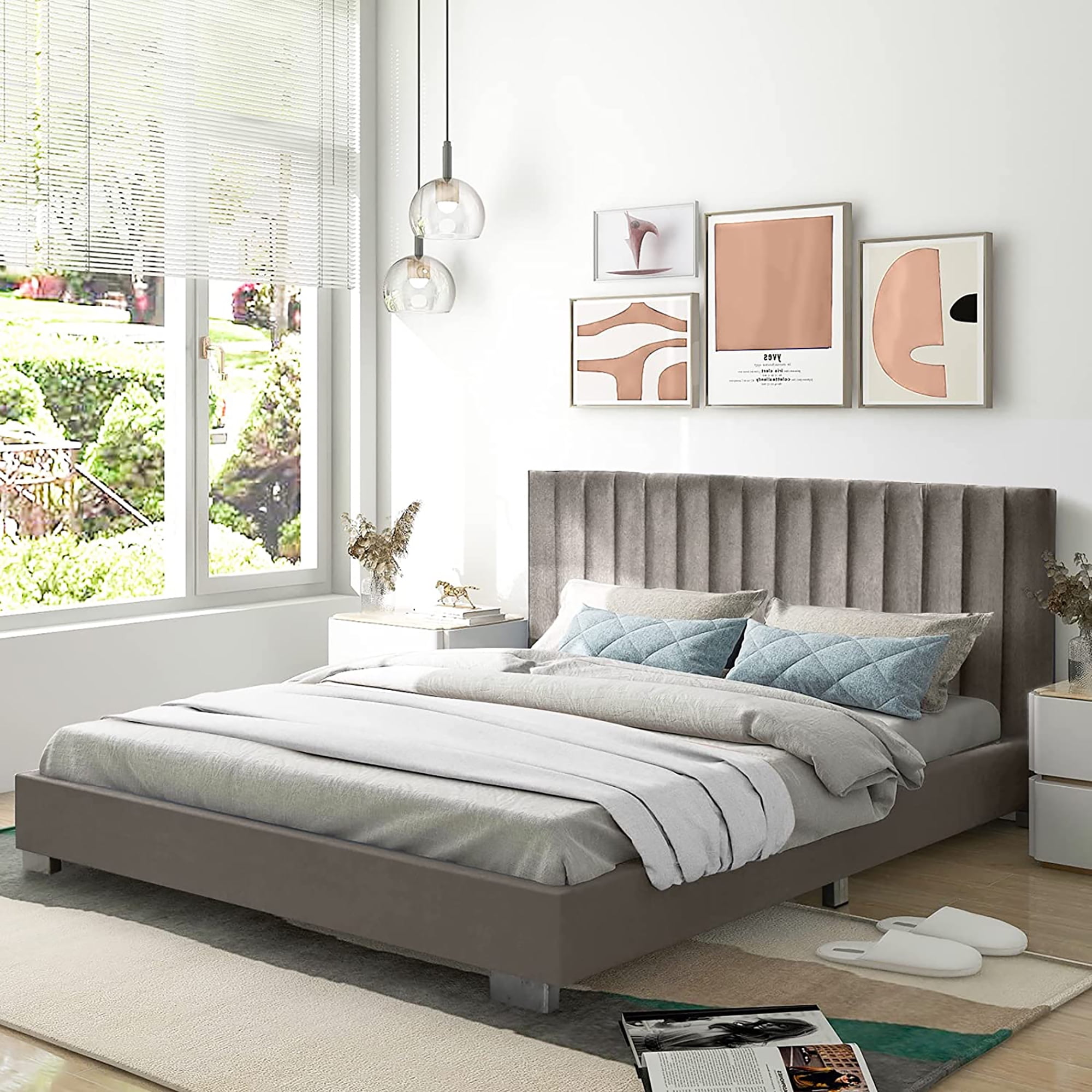 Costway Upholstered Bed Frame Full Size Modern Platform Bed with Vertical Channel Headboard No Box Spring Needed Navy