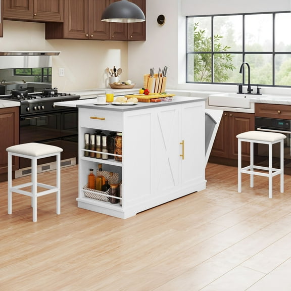 ModFusion 47" White Kitchen Island with Storage Cabinet, Side Drawer, Built-in Trash Bin & Bar Stools